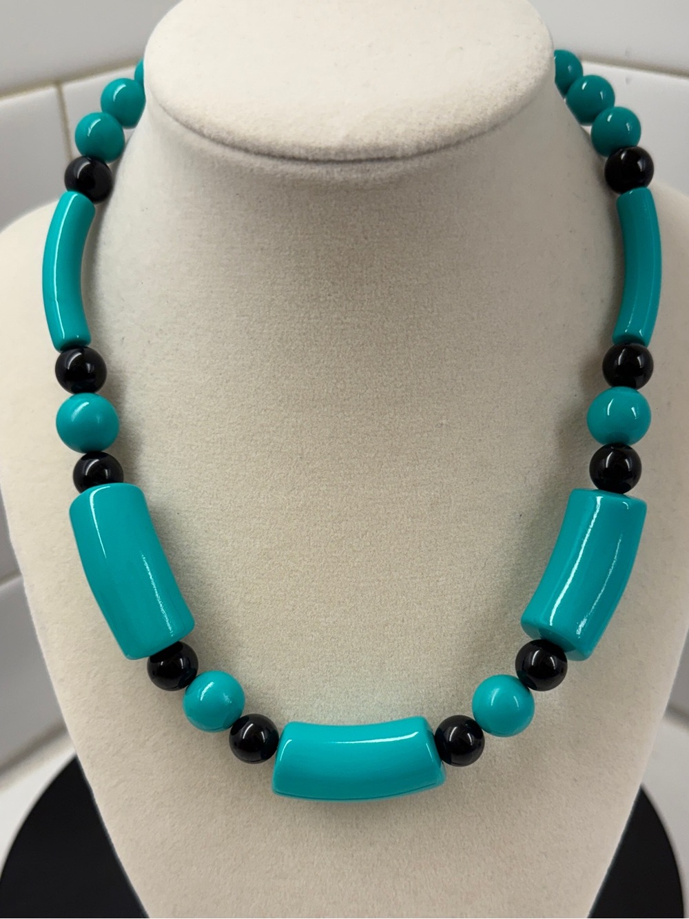 Teal & Black Chunky Geometric 16" Beaded Statement Necklace